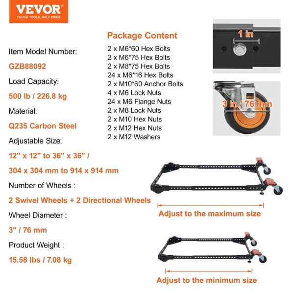 VEVOR Mobil Base, 500 lb Kapacitet, Justerbar Størrelse 12" til 36",500 lbs 12x12in