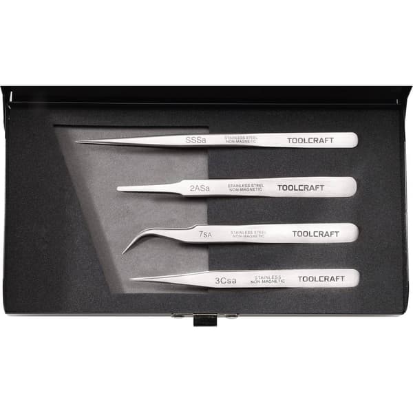TOOLCRAFT 816747 Pincett-set 4 delar SS SA, 2a SA, 7 SA, 3c SA Flat-rund, Skärspets, böjd 55°, Spets, Spets, smal