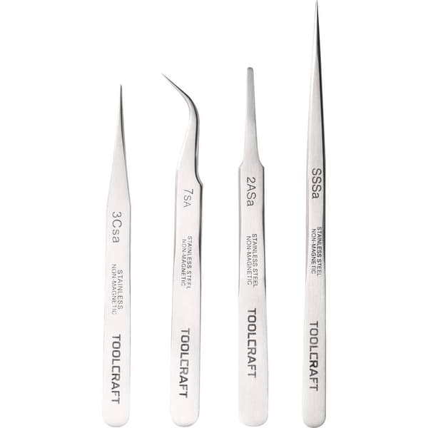 TOOLCRAFT 816747 Pincett-set 4 delar SS SA, 2a SA, 7 SA, 3c SA Flat-rund, Skärspets, böjd 55°, Spets, Spets, smal