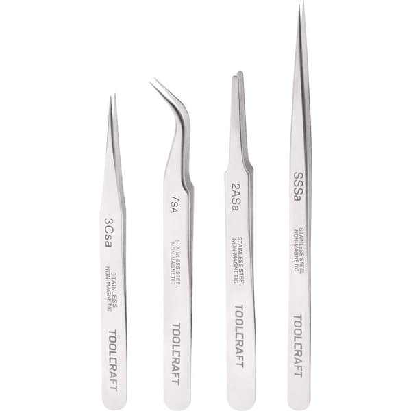 TOOLCRAFT 816747 Pincett-set 4 delar SS SA, 2a SA, 7 SA, 3c SA Flat-rund, Skärspets, böjd 55°, Spets, Spets, smal
