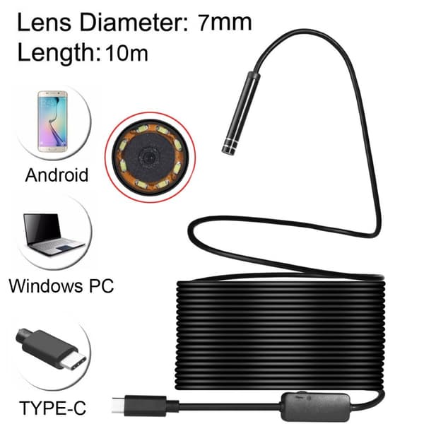 USB Type-C-tarkastuskamera 7 mm:n kennolla ja 10 metrin kaapelilla - IP67, 8 LED, Android/PC