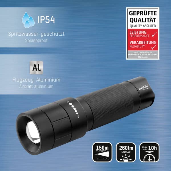 Ansmann M250F LED Ficklampa med bältesclip, med handrem batteri 260 lm 157 g