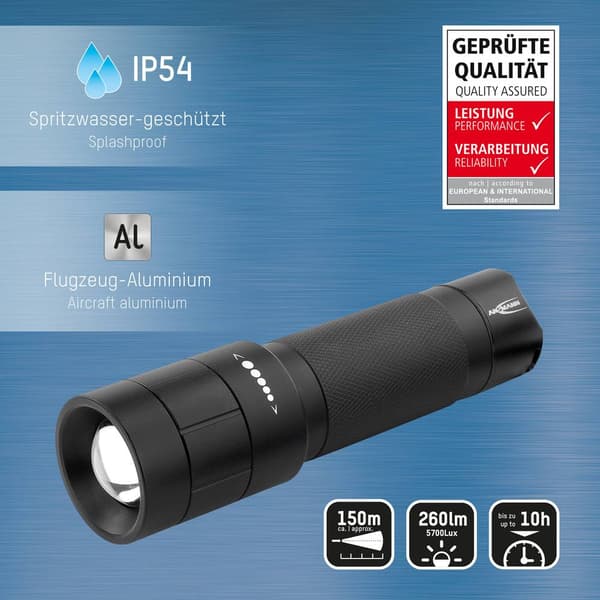 Ansmann M250F LED Ficklampa med bältesclip, med handrem batteri 260 lm 157 g