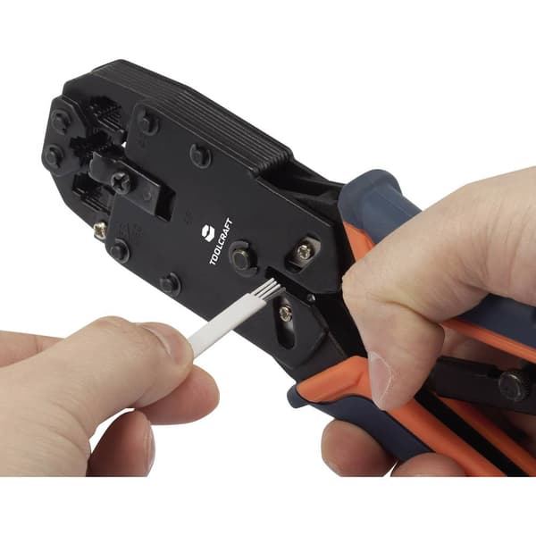 TOOLCRAFT TO-4988586 Crimptång Modularkontakt (västerländsk) Inkl. kabelavbitare, inkl. avisoleringsverktyg RJ10, RJ11,