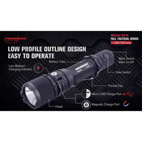 Powertac WAR-G4 FLW LED Ficklampa Uppladdningsbara batteri 4200 lm 152 g