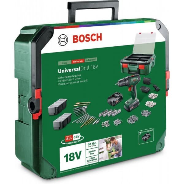 Bosch UniversalDrill 18V + SystemBox 241 -akkuporakone + tarvikesarja