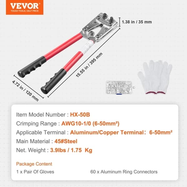 Batterikabel Lug Crimping Tool, Aluminium Terminal, 60PCS Aluminium Ringforbindelser, 395mm 2 stk