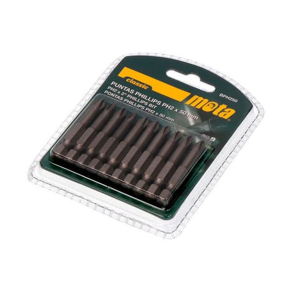 Bitssæt Mota bph250 PH2 50 mm Phillips - Høj kvalitet bits til PH2 skruetrækker med 50 mm længde fra Mota. Passer til Phillips skruer.