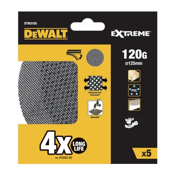 Dewalt Slipskiver Ø 125 mm 120 g - 5-pakke til effektiv slibning. Høj kvalitet og holdbarhed til professionelt brug.