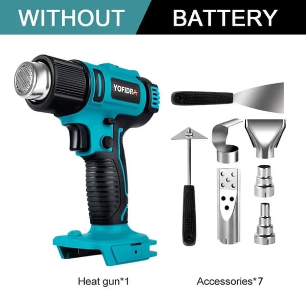 Elektrisk varmluftspistol, 2500W effekt, LED-display, genopladelig, 7 Tilbehør
