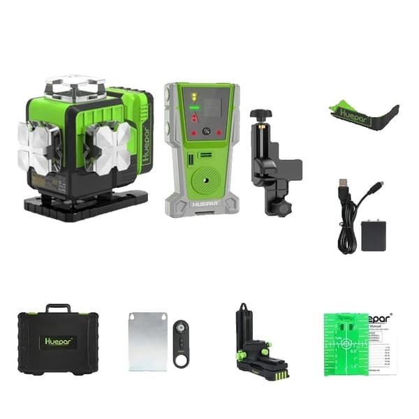 Laser-tasoitin, 4D 16 viivaa, itsetasautuva, vihreä säde, Bluetooth-kaukosäädin, Li-ion-akku, kova kuljetuslaukku, laser-vastaanotin, SET-4