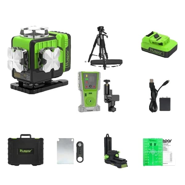Laser-tasoitin, 4D 16 viivaa, itsetasautuva, vihreä säde, Bluetooth-kaukosäädin, Li-ion-akku, kova kuljetuslaukku, laser-vastaanotin, SET-4