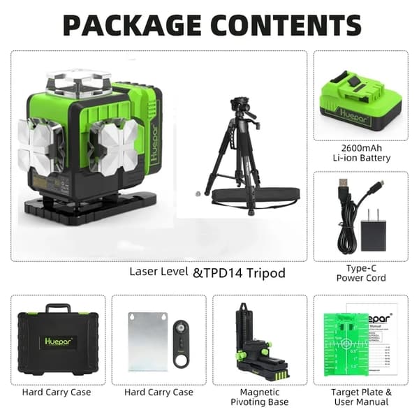 Laser-tasoitin, 4D 16 viivaa, itsetasautuva, vihreä säde, Bluetooth-kaukosäädin, Li-ion-akku, kova kuljetuslaukku, laser-vastaanotin, SET-4