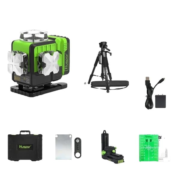 Laser-tasoitin, 4D 16 viivaa, itsetasautuva, vihreä säde, Bluetooth-kaukosäädin, Li-ion-akku, kova kuljetuslaukku, laser-vastaanotin, SET-4