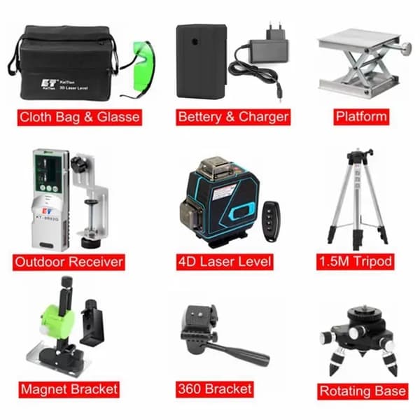 Laser Niveau, 360 Niveau Stativ, Selvnivellerende, Laser Niveau Modtager