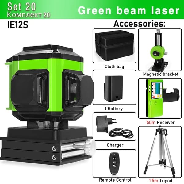 Vihreä laser-taso, 360 vaakasuora pystysuora ristiviiva, itsetasaus, IE12S DC11G