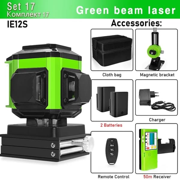 Vihreä laser-taso, 360 vaakasuora pystysuora ristiviiva, itsetasaus, IE12S DC11G