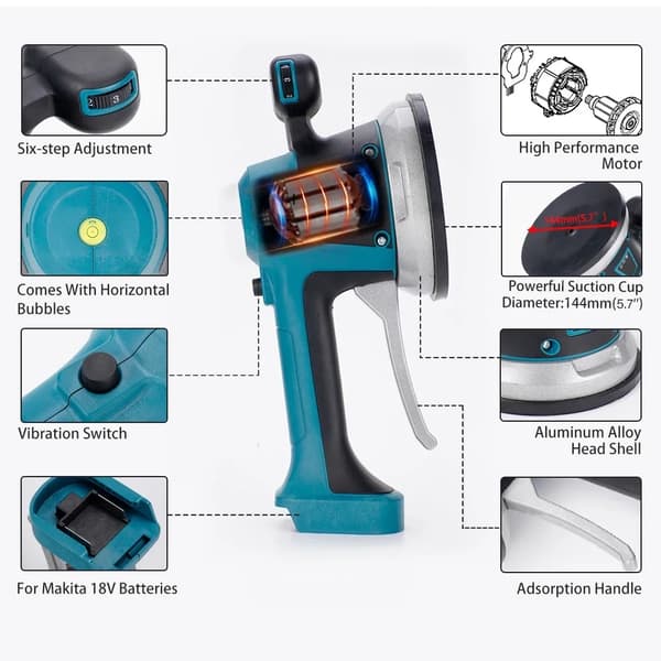 Trådløs Flisevibrator, 6 Hastigheder Automatisk, Fliseudjævningsjustering