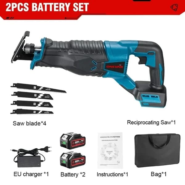 Elektrisk Reciprocating Saw, 3000W Strøm, Kompatibel med Makita 18V Batteri, 2 Batteri EU-stik