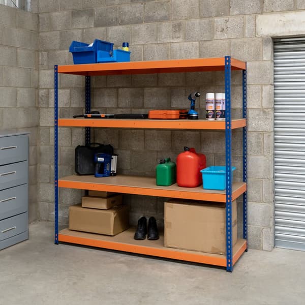 Garagehylde S-Rax Hyldesystem Hylde 180 x 180 x 60 cm Stålhylde 300 kg Kapacitet pr. Hylde Justerbar Layout Boltløs Montering 3 støttestænger Varehus