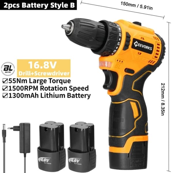 Elektrisk skruetrækker, børsteløs motor, genopladelig, 2 stk Batteri Style B, EU