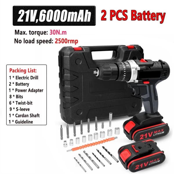 Trådlös borr, 36V/21V Slagborr, Uppladdningsbar & Borstmotor, Typ2 21V 2 Batteri, EU