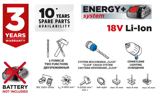 SDS+ Energy+ akku borehammer 18V, Li-Ion/0,8J, uden batteri