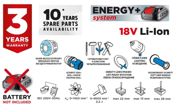 Energy+ 18V sladdlös borstlös borrhammare, Li-Ion, 2,2J slag, utan batteri
