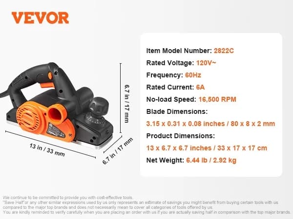 Elektrisk Håndhøvl, 3-1/4 Bredde, 16500 Omdrejninger pr. Minut, 6A 120V