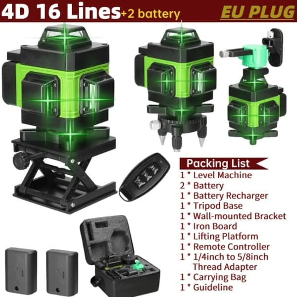 Grønt Lys Laser Niveau, Selvnivellerende, Lithium Batteri, 4D 16 linje TYPE C