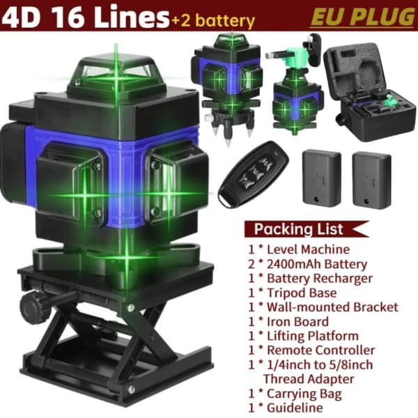 Grønt Lys Laser Niveau, Selvnivellerende, Lithium Batteri, 4D 16 linje TYPE C