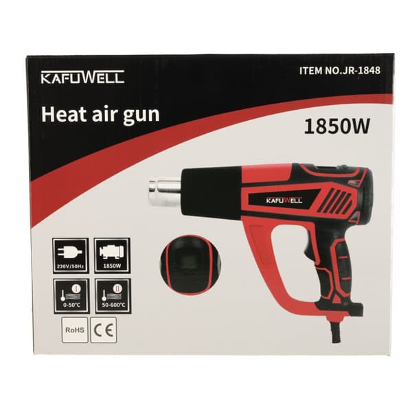 KAFUWELL Elektrisk varmepistol med temperaturstyring 0-600 grader C luftstrøm 300-500 l/min + 4 udskiftelige spidser 1850W