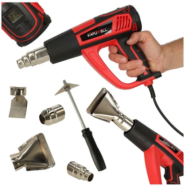 KAFUWELL Elektrisk varmepistol med temperaturstyring 0-600 grader C luftstrøm 300-500 l/min + 4 udskiftelige spidser 1850W