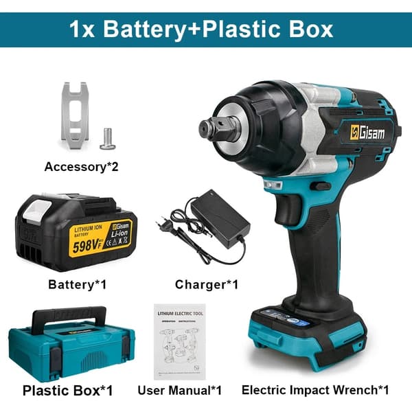 Børsteløs elektrisk slagværktøj, 1800N.M moment, drevet af 18V batteri.,2 Batteri PlastikBoks