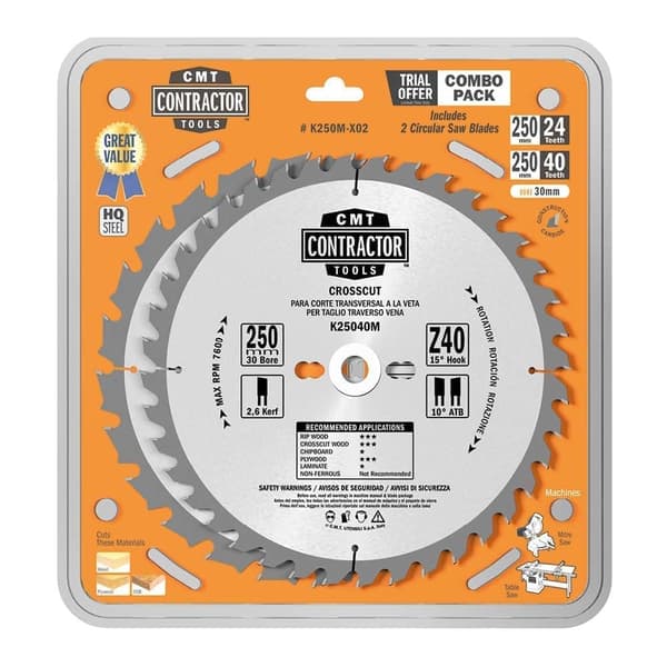 Katkaisulaikka CMT Contractor K250M-X02; 250x2,6x30; Z24/Z40; 20°/15°; 2 kpl.