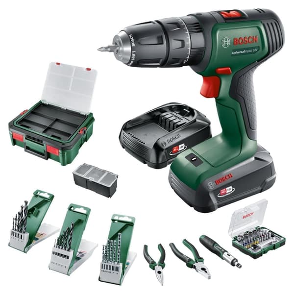 Iskupora / ruuvinväännin Bosch UniversalImpact 18V; 18 V; 1x1,5/2,5 Ah akku + tarviketta