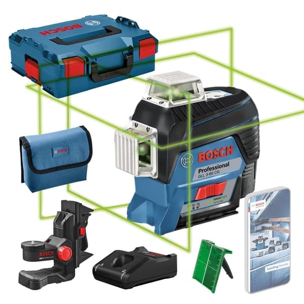 Linjalaser Bosch GLL 3-80 CG + Yleispidin BM 1 + Kantolaukku L-Boxx Lazer; 12V; 1x2,0 Ah akku