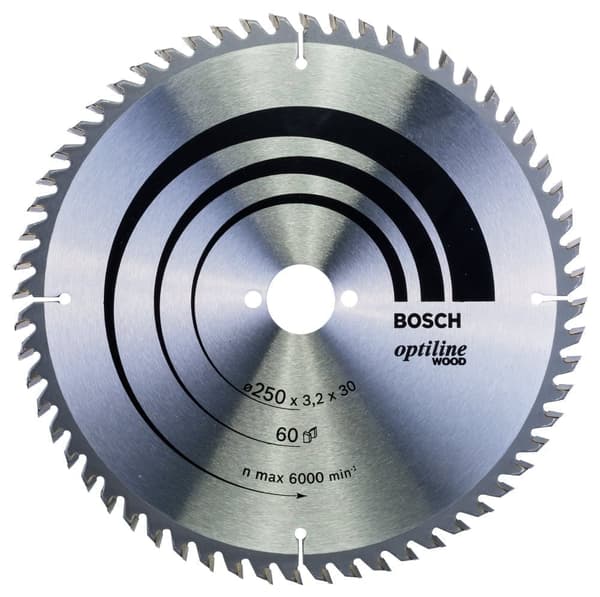 Sågklinga för trä Bosch OPTILINE WOOD; 250x3,2x30,0 mm; Z60; 15°