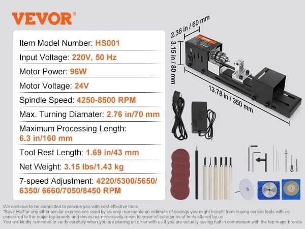 VEVOR Mini Trädrej, 96W Motorstyrka, 2,76 tum Drejningsdiameter, 7 Hastighetskontroll,4250-8500 varv per minut