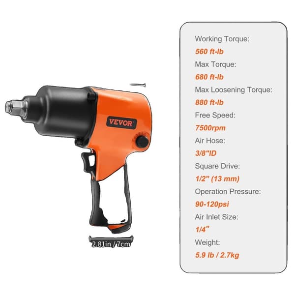 Luftdriven Slagnyckel, 560 ft-lb Arbetsmoment, 7500 RPM Hastighet,660N
