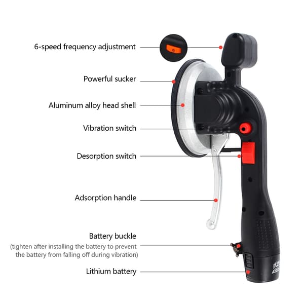 Genopladelig flisevibrator, justerbar 6-trins kontrol, 100 kg kapacitet, 12000 omdr./min effekt.