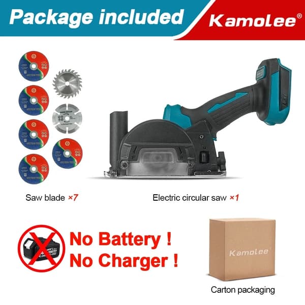 Kamolee Elektrisk Rundsav, Børsteløs Motor, 3 Tommer Klinge Diameter,EU, 2x5.0Ah batteri