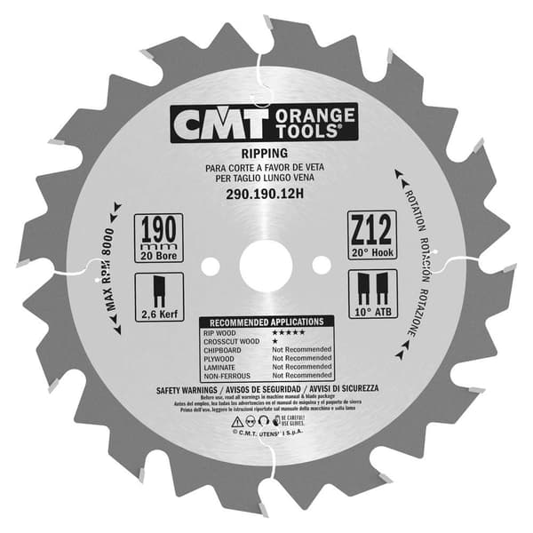 Rundsavsklinge til træ CMT 290; 190x2.6x20; Z12; 20°