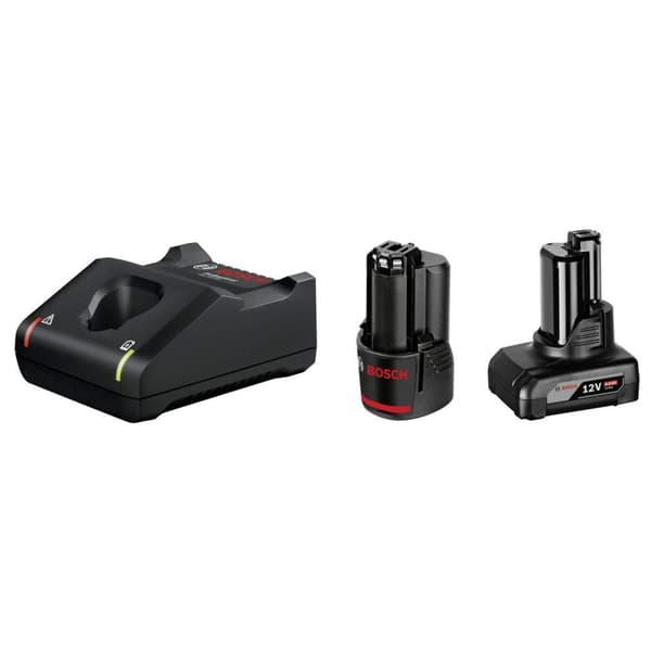 Batteri Bosch GBA; 12 V; 2,0+4,0 Ah; Li-ion + lader GAL 12V-40 Sort, Rød