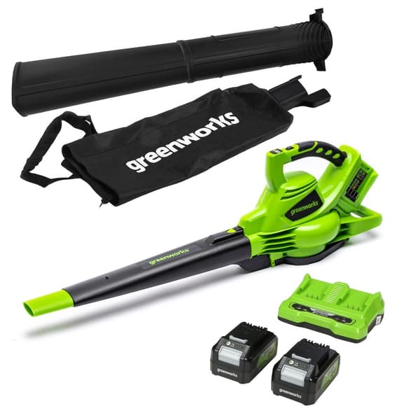 Batteridrevet løvblåser/suger Greenworks GD24X2BVK4X; 2x24 V; 2x4,0 Ah batt.