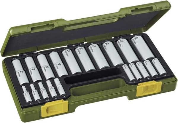 Hylsenøkkelsett Proxxon 1/2''+1/4'', 4-24 mm; 20 stk