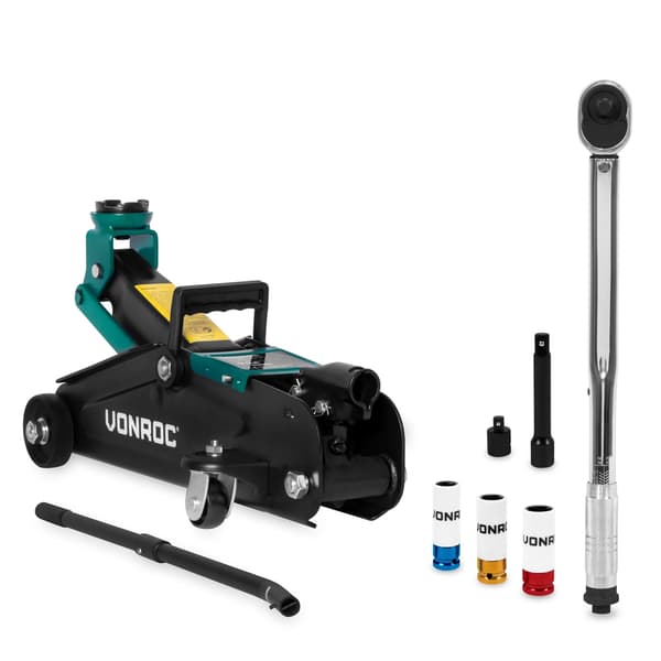 VONROC Dækskiftesæt | Donkraft - 2000kg og momentnøgle ½” - Inkl. 3Topnøglesæt - 3 stk.