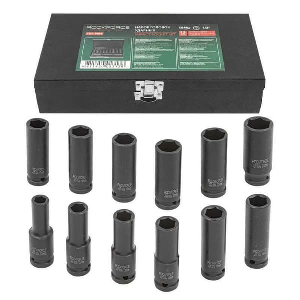 ROCKFORCE LONG IMPACT SOCKETS 12 st 1/2" 10-24mm / CASE