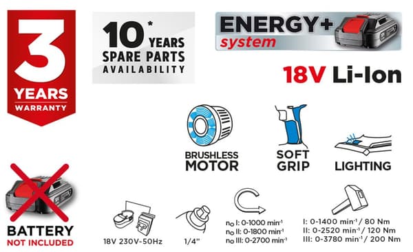 Borstlös sladdlös slagdrivare Energy+ 18V, Li-Ion, utan batteri