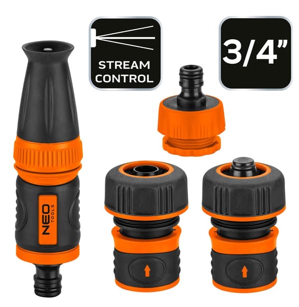 3/4" sarja, jossa suora sprinkleri, liittimet ja hanaliitin